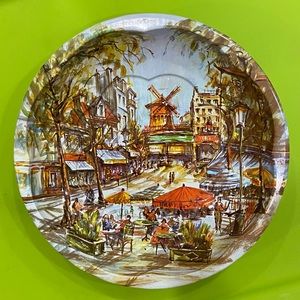 1971 Daher Tin Dish European Village Scene Unique Shape Vintage Bowl England
